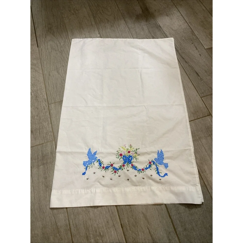 Embriodered Pillow Case Blue Birds Flowers